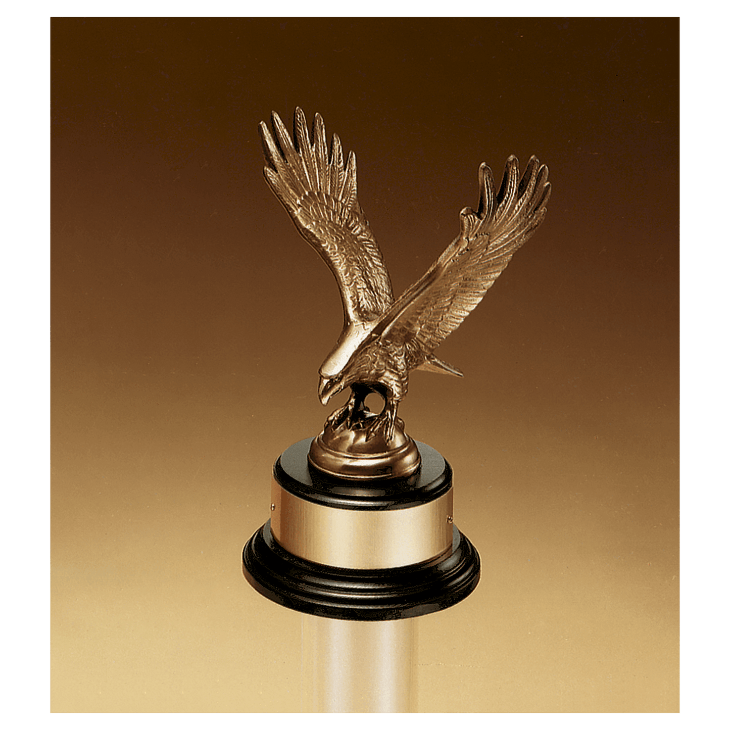 9" Fully Modeled Antique Bronze Eagle Casting on a Black Piano Finish Base with Gold Flex-Brass Plate