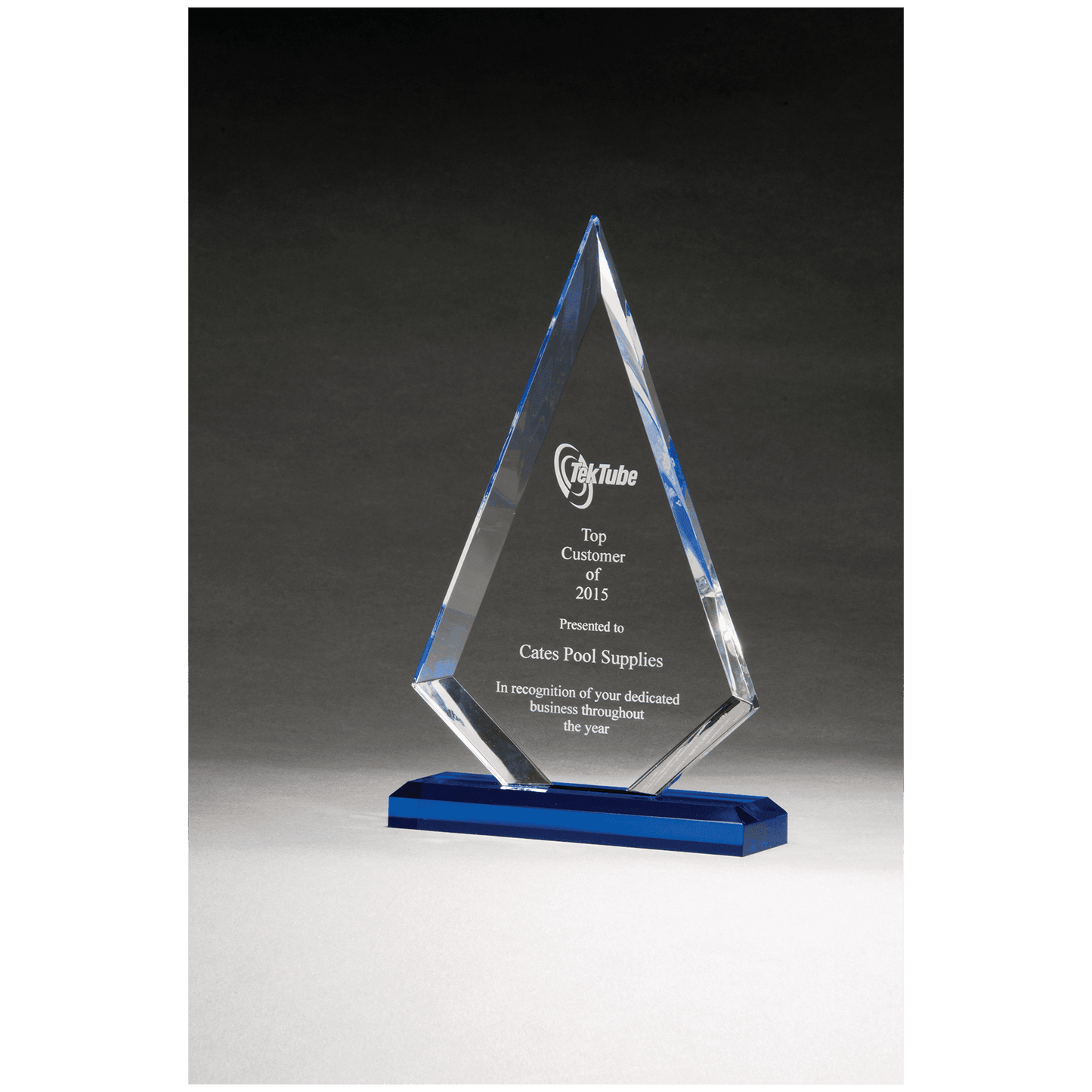 5 1/2" x 7 3/4" Arrow Series Clear Acrylic with Blue Highlights and Blue Base