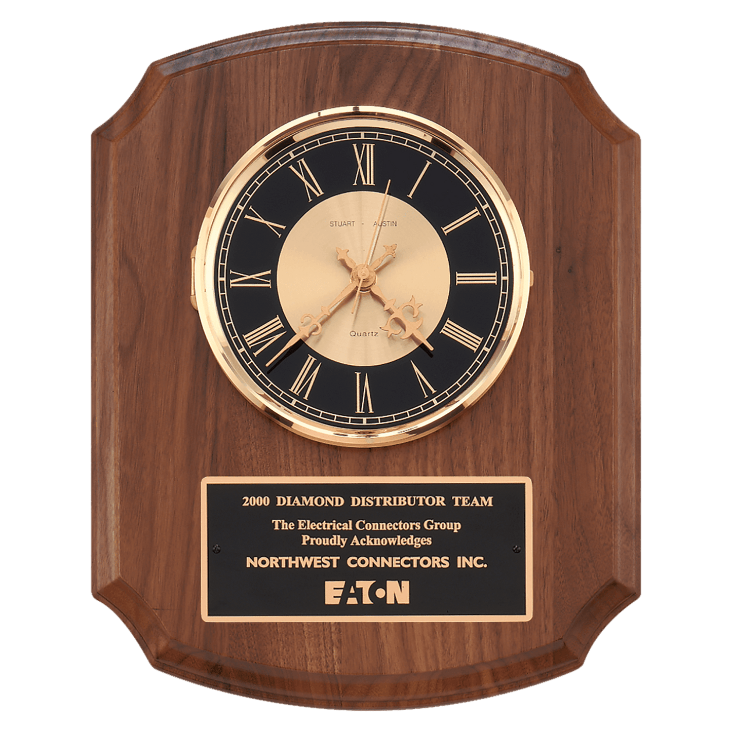 10 1/2" x 13" Walnut Quartz Clock, Brass Diamond Spun Bezel, Glass Lens, Black & Gold Dial