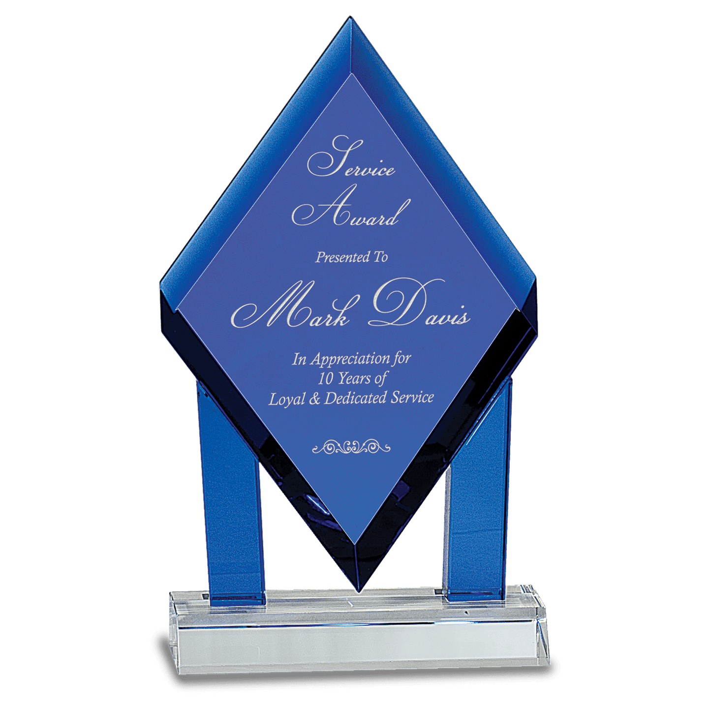 8 3/4" Blue Crystal Floating Diamond with Blue Columns on Clear Base