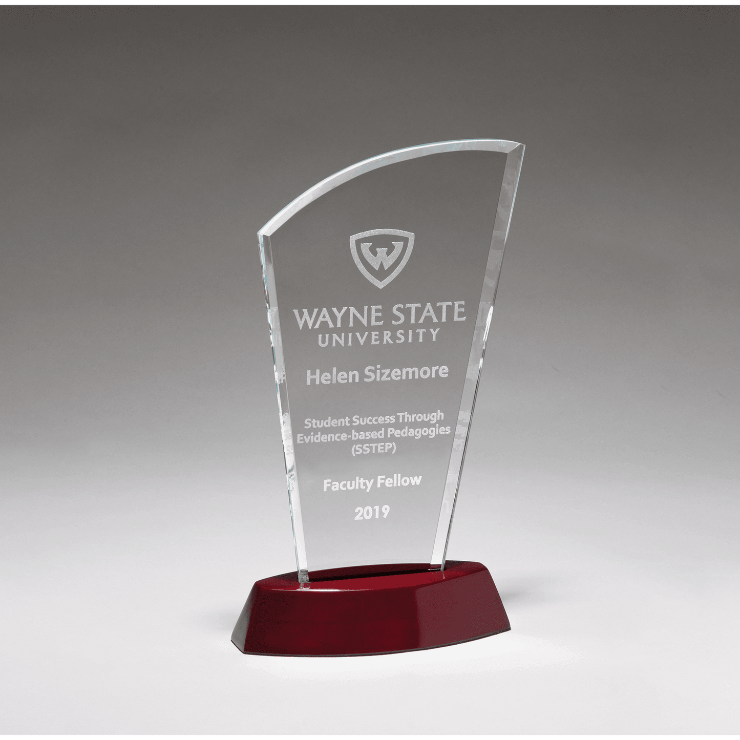 5 1/2" x 9 3/4" Sail Series Clear Glass Award with High Gloss Rosewood Finish Base