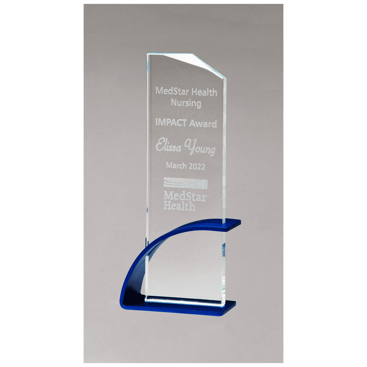 Blue Contemporary Clear 3 7/8" x 9 3/8" x 1/2" Thick Glass Award, Arched Base with Matte Metallic Finish
