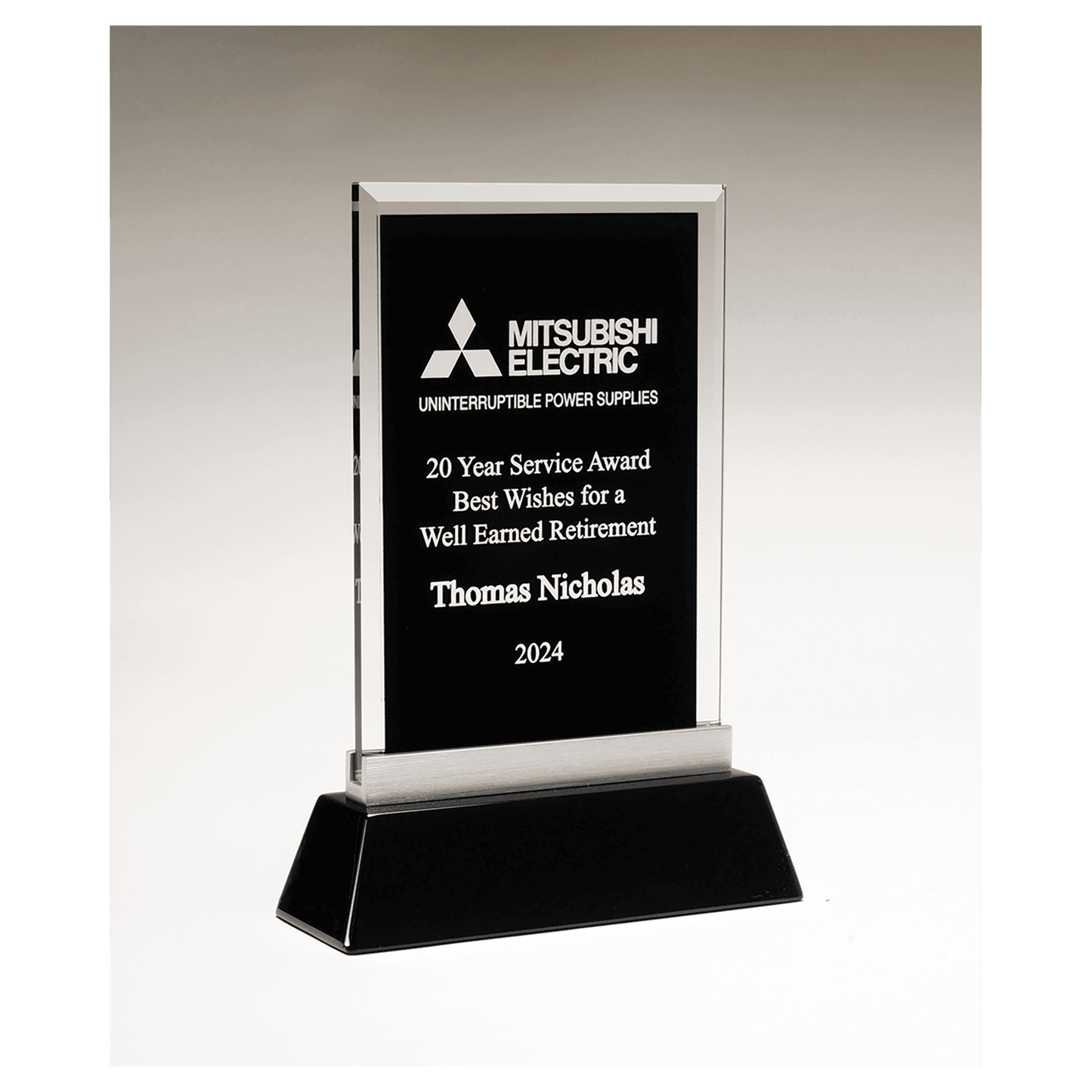5 1/4" x 8 7/8" Rectangular Black Silkscreened Glass Award with Black Piano Finish Base