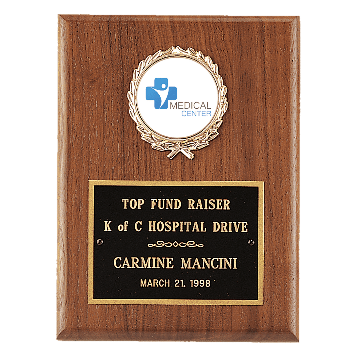 6" x 8" American Walnut Plaque with Gold Border Black Laserable Brass Plate and 2" Insert Holder- Witney Series (2" Inserts Sold Seperately)