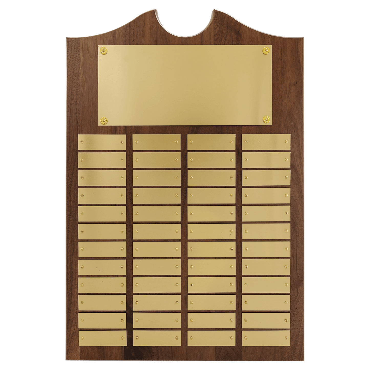 Walnut 48 Plate Perpetual Plaque with Brushed Brass 14" x 20"/Plates 7/8" x 2 3/4" American Plates
