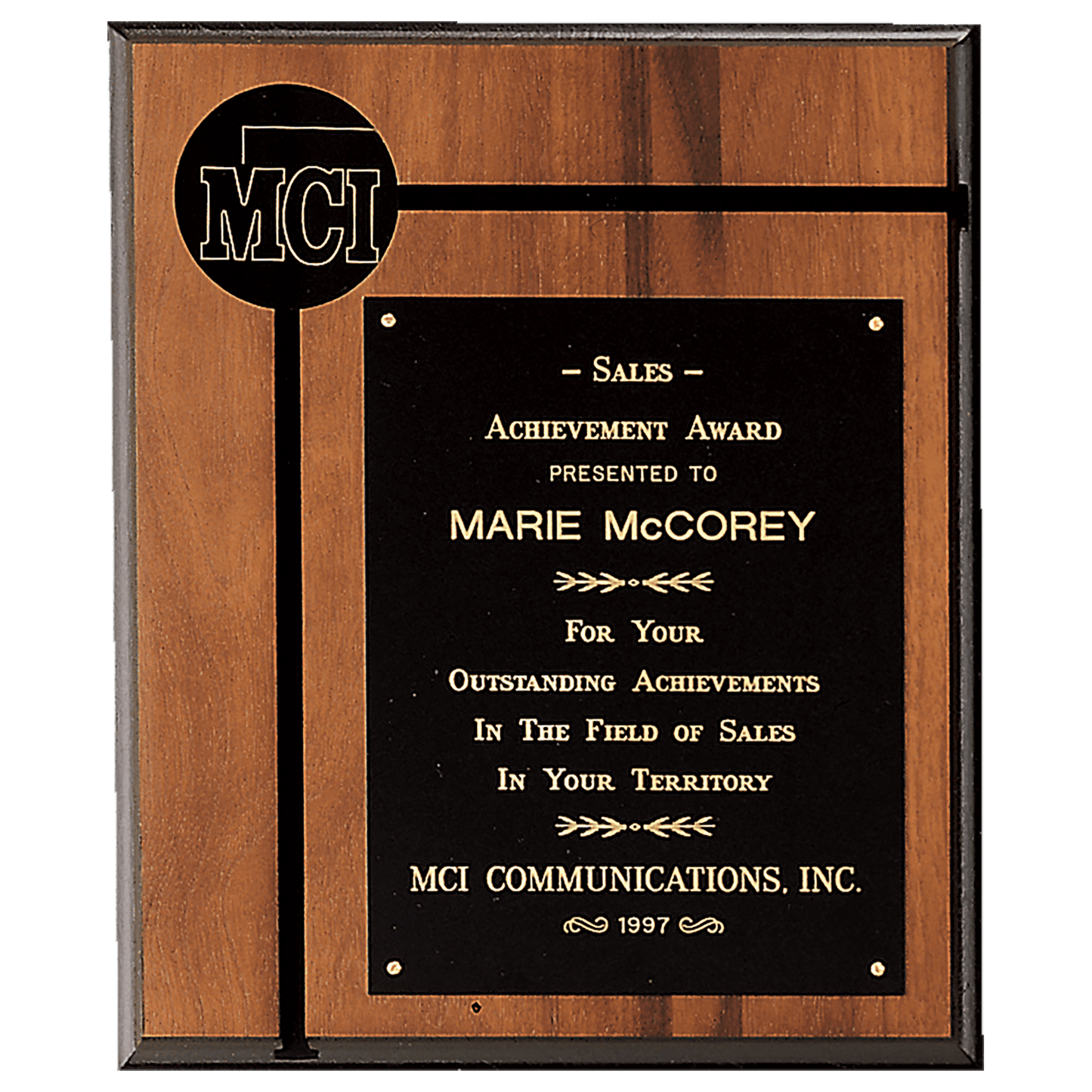 8" x 10 1/2" American Walnut Routed Plaque w/Black Brass Plate and 2 1/2" Black Brass Disc
