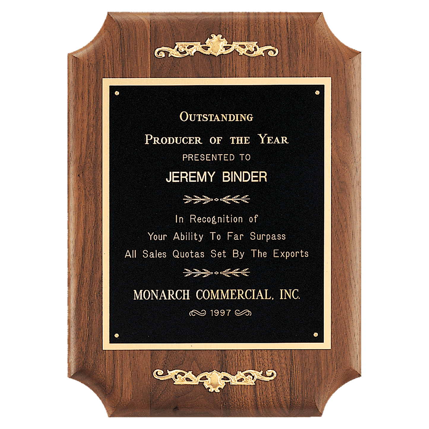 9" x 12" American Walnut Scalloped Corner Plaque with Gold Scrolls and Go ld Border Black Laser Engravable Plate