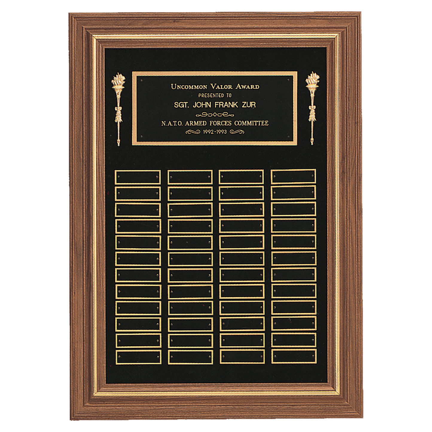 Walnut 48 Plate Perpetual Plaque with Black Brass 18" x 25"/Plates 7/8" x 2 3/4" American Plates