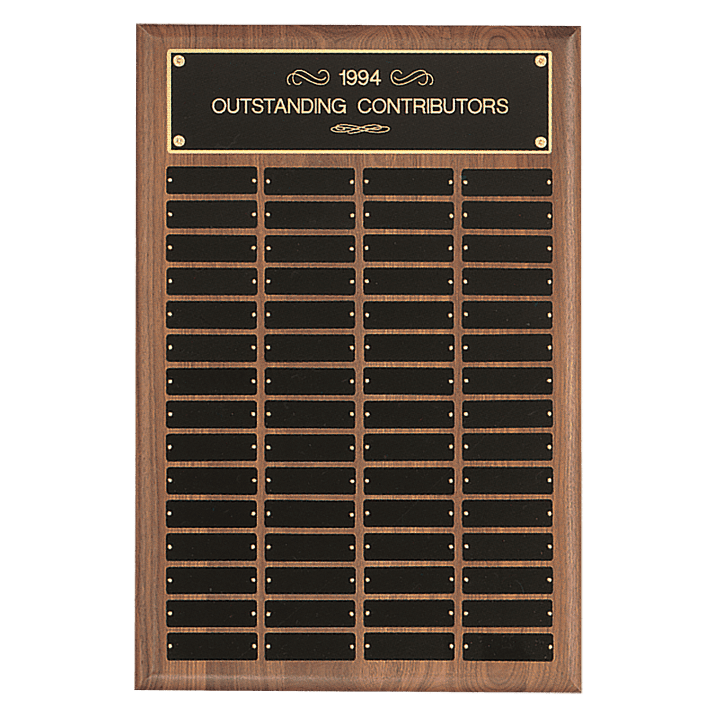 Walnut 60 Plate Perpetual Plaque with Black Brass 16" x 24"/Plates 1" x 3 1/4" American Plates