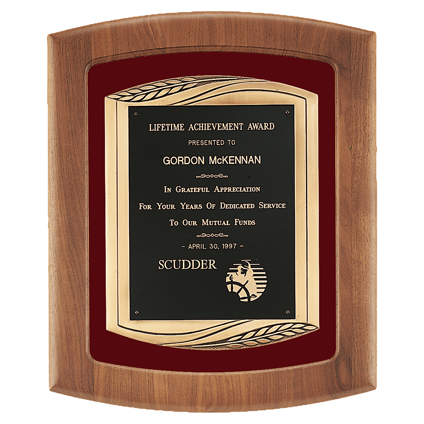 Walnut Frame with Maroon Velour Background and Black Laser Engravable Plate in an Antique Bronze 14" x 17" American Finished Frame Casting