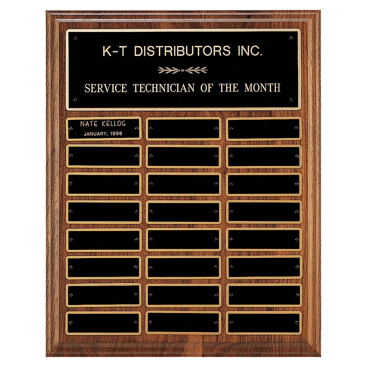 12" x 15"/Plates 1" x 3 1/4" Walnut Step-Edge 24 Plate Perpetual Plaque with Black Brass Plate