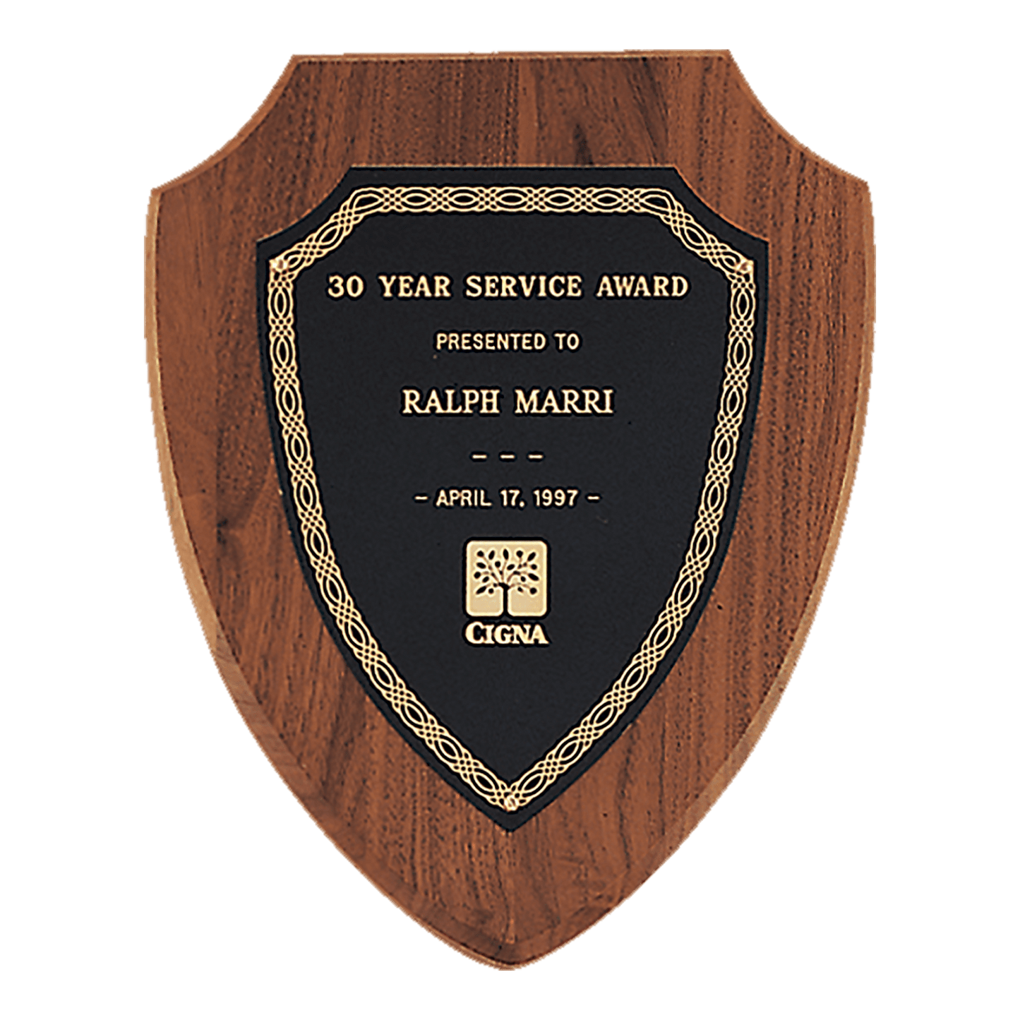 10" x 12" Jewelers Black Laserable Gold Border Shield Plate on an American Walnut Shield Plaque- Sheffield Series