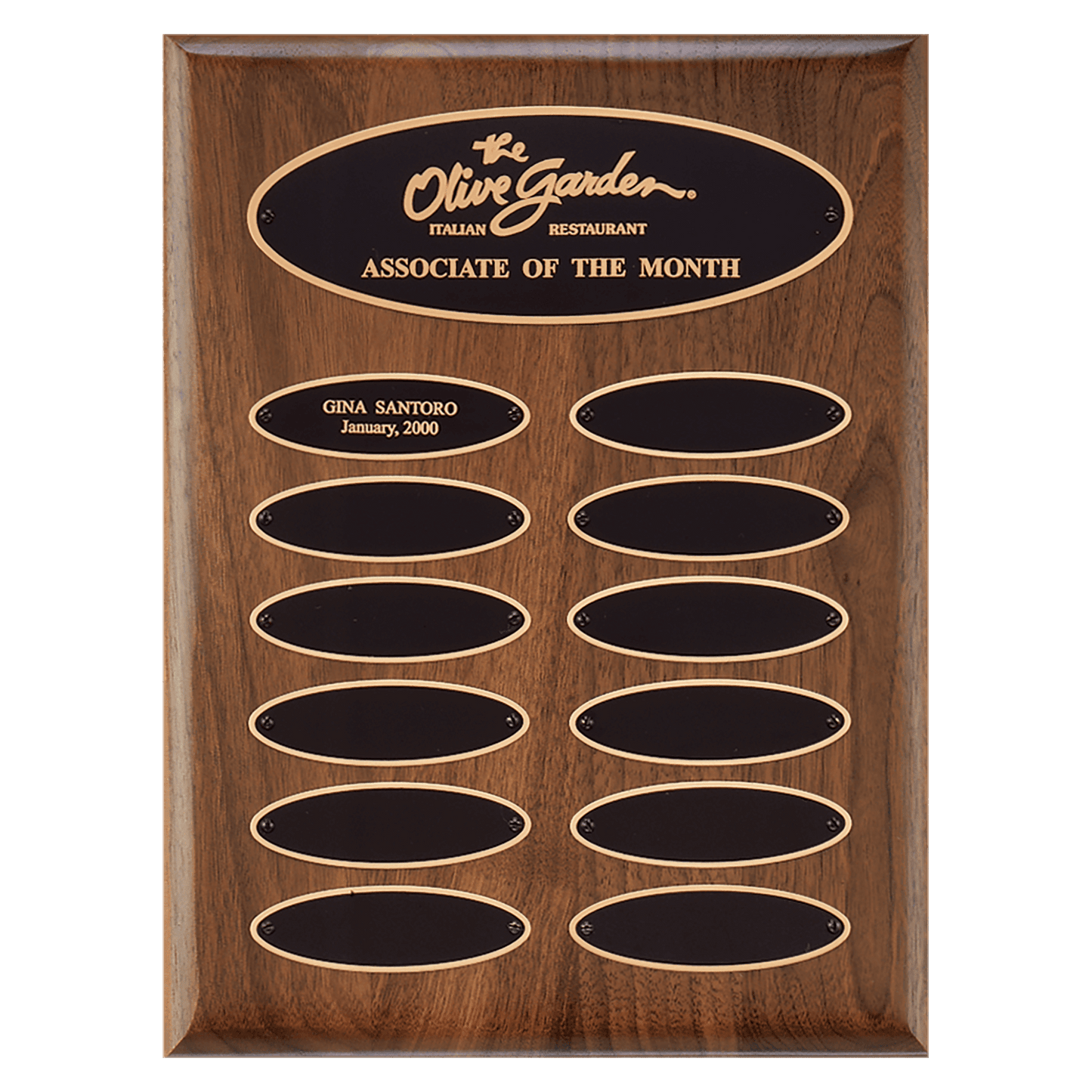 9" x 12"/Plates 1" x 3 1/4" American Walnut 12 Plate Perpetual Plaque with Black Brass Elliptical Plates