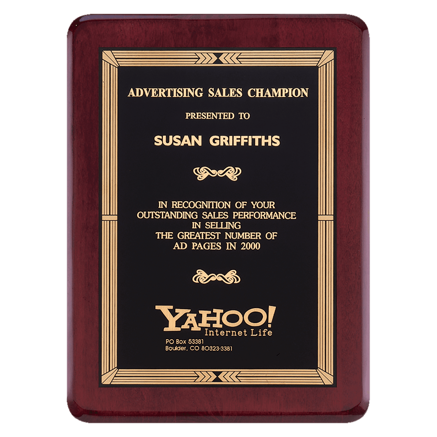 Rosewood Piano Finish Plaque with Gold Border Black Laserable Brass 8" x 10 1/2" Airflyte Premium Plate