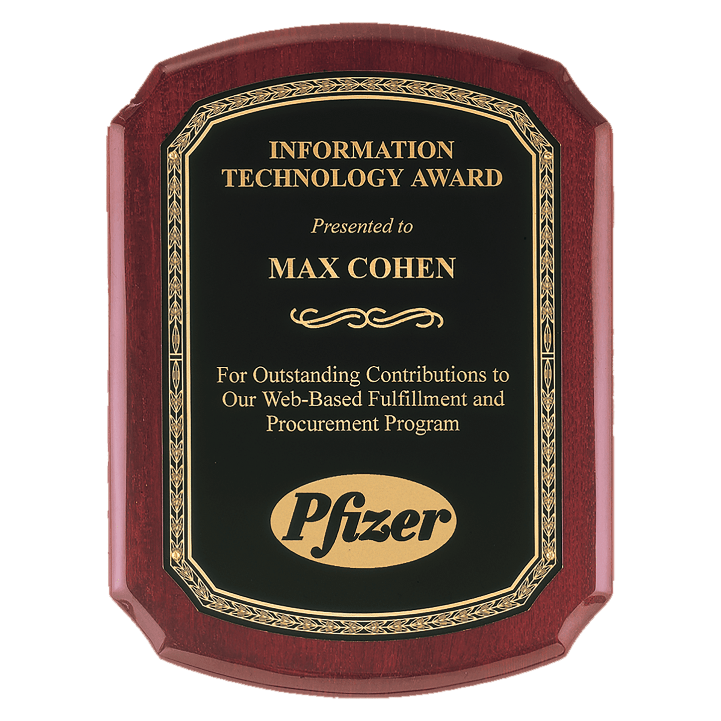 9" x 12" Airflyte Rosewood Piano Finish Plaque with Black Florentine Gold Border LaserFX Plate