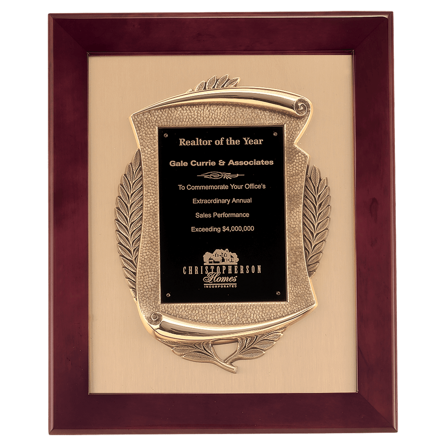 14" x 17" Rosewood Piano Finish Frame with Antique Bronze Casting with Black LaserFX Plate on Brushed Gold Metal Background