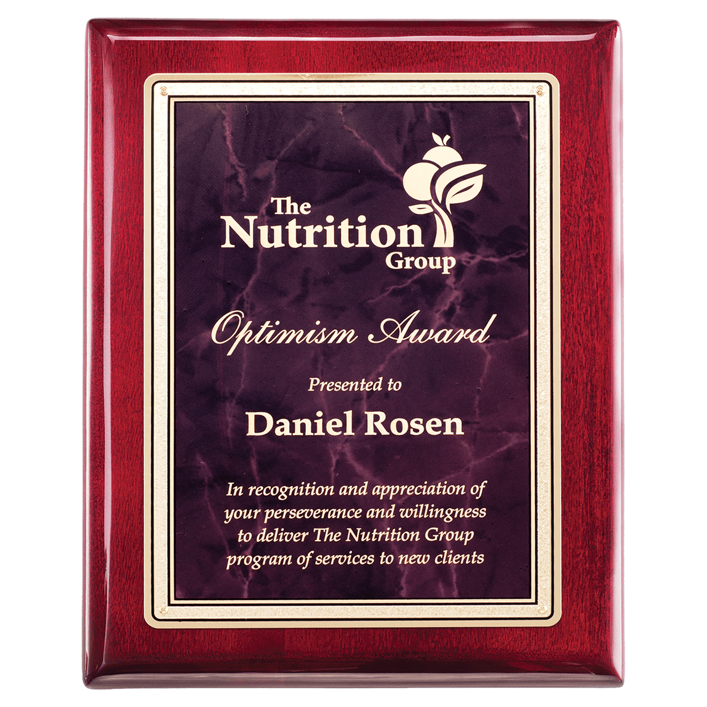 Rosewood Piano Finish Plaque with Ruby Marble/Gold 10 1/2" x 13" Florentine Design LaserFX Plate