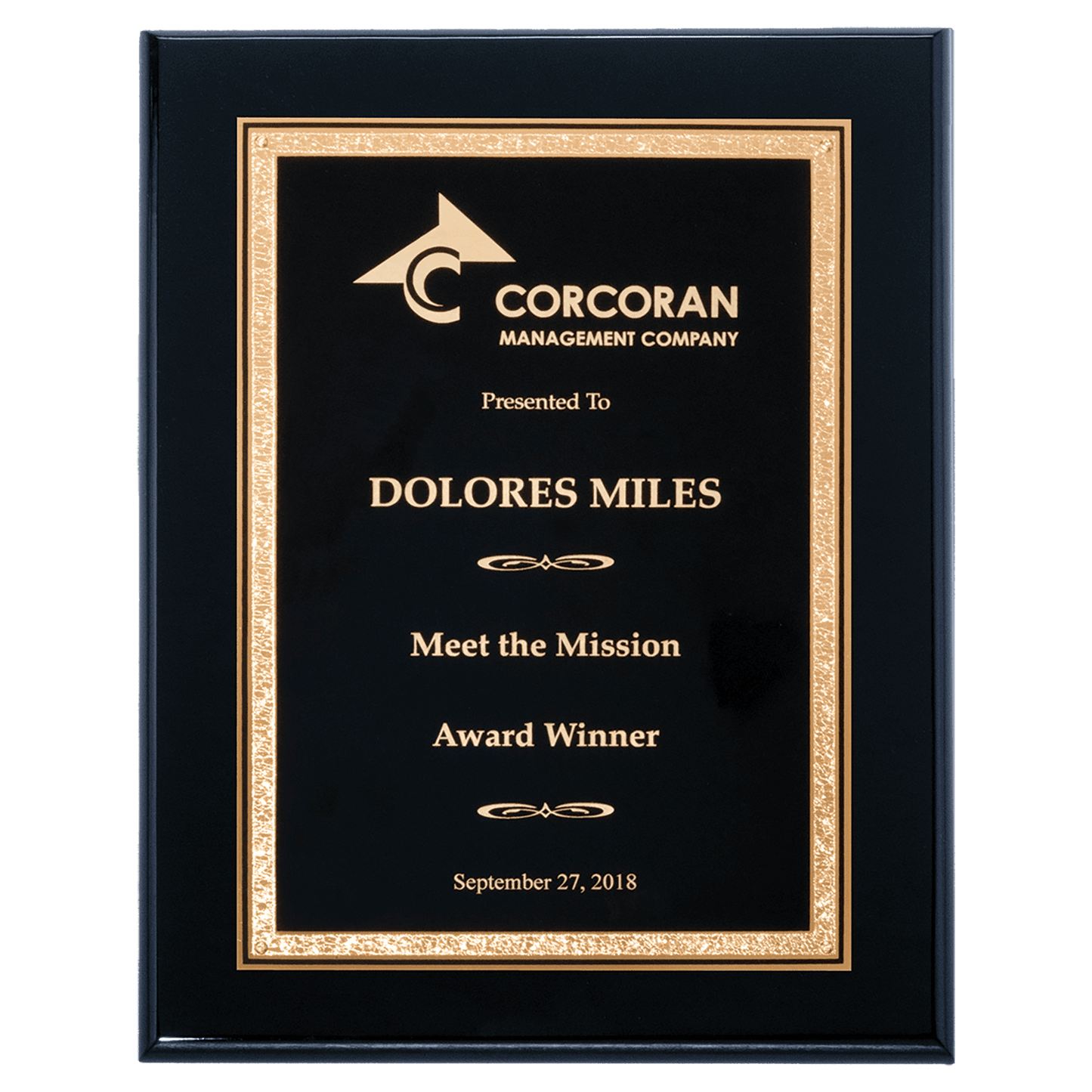 7" x 9" Airflyte Black High Gloss Plaque with Black/Gold Florentine Design LaserFX Plate