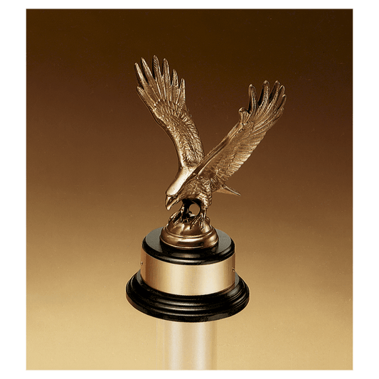 9" Fully Modeled Antique Bronze Eagle Casting on a Black Piano Finish Base with Gold Flex-Brass Plate