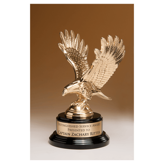 9" Fully Modeled Gold Finish Metal Eagle on a Black Piano Finish Base with a Gold Flex-Brass Plate