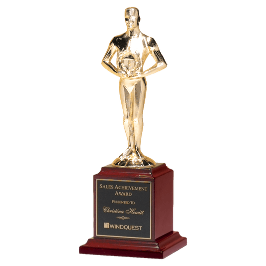 9" Cast Metal Goldtone Finish Classic Achiever Figure on a Rosewood Piano Finish Base with a Black Laserable Plate