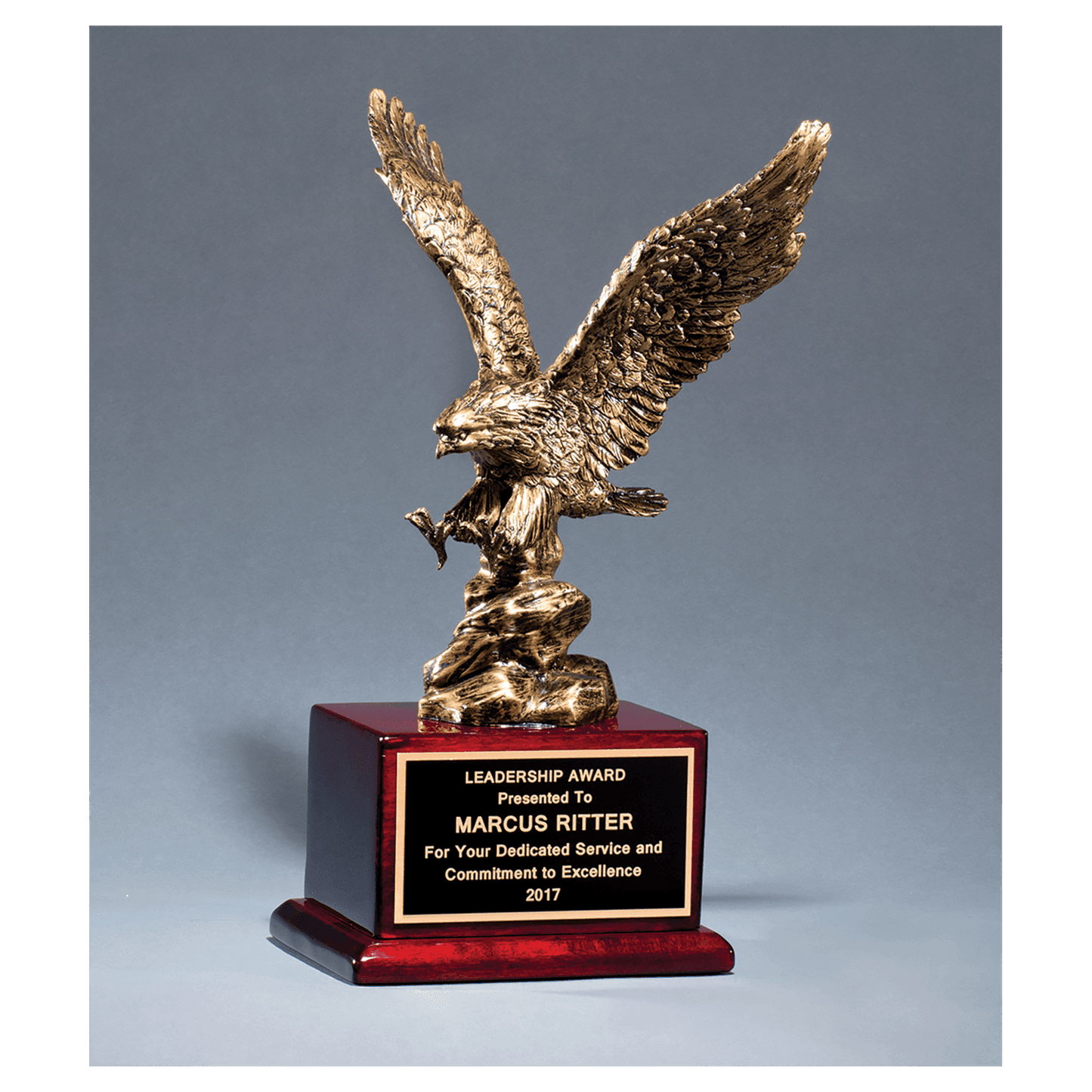 15" Antique Bronze Finished Eagle Resin Casting on Rosewood Piano Finish Base with Black Laserable Brass Plate
