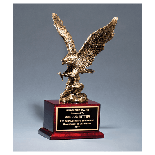 15" Antique Bronze Finished Eagle Resin Casting on Rosewood Piano Finish Base with Black Laserable Brass Plate