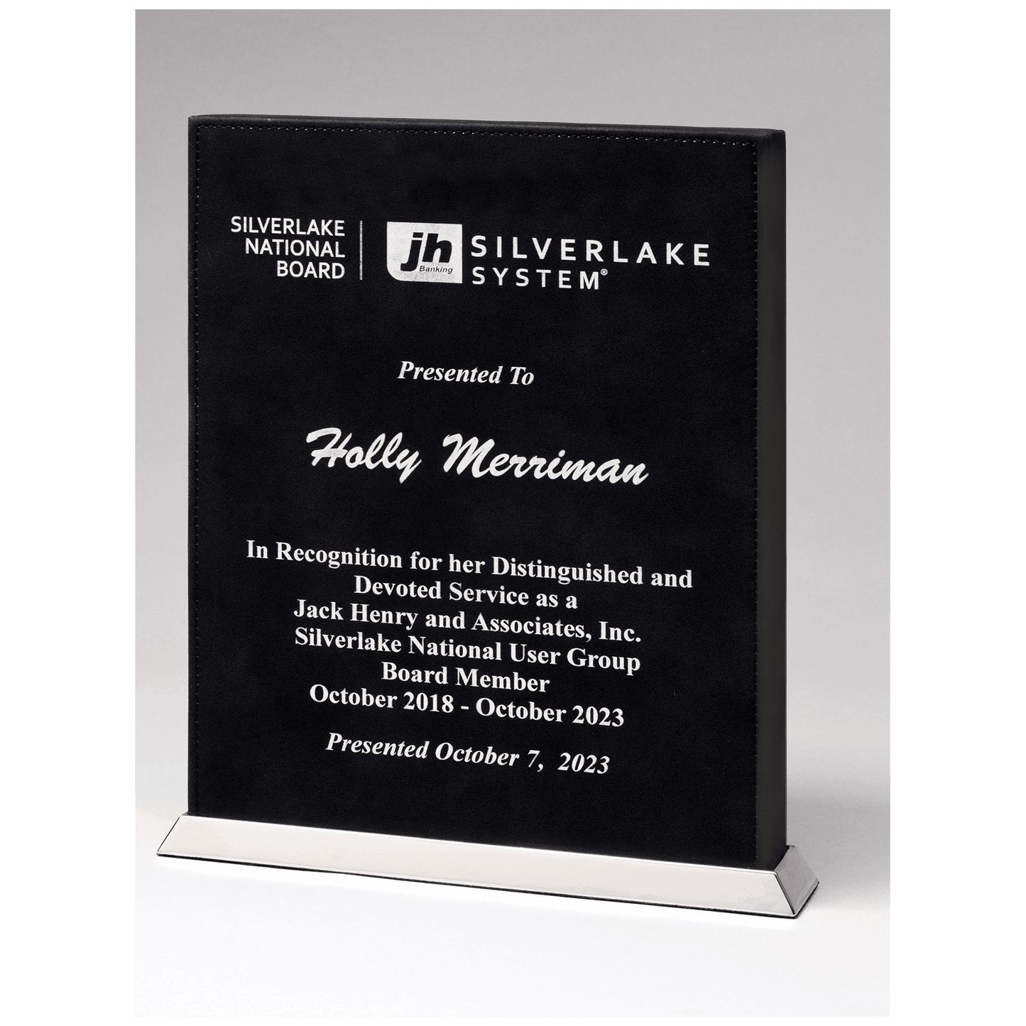 7 1/2" x 10" Black/Silver Laser Leather Desktop Plaque with Chrome Plated Base