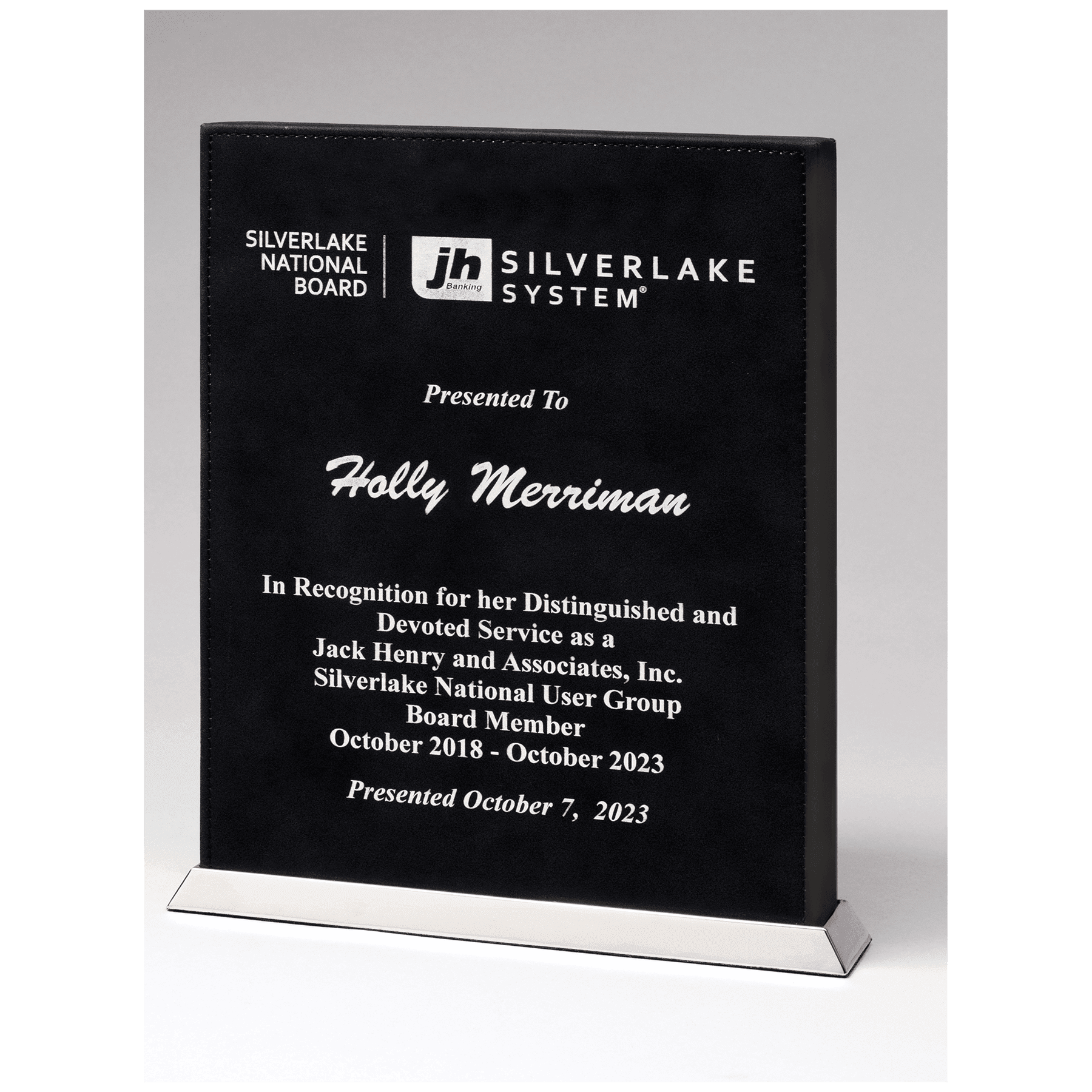 7 1/2" x 10" Black/Silver Laser Leather Desktop Plaque with Chrome Plated Base