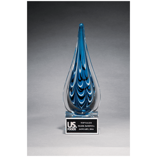 Blue and Black Teardrop Art Glass on Clear Glass Base with Black 10" Laserable Aluminum Plate
