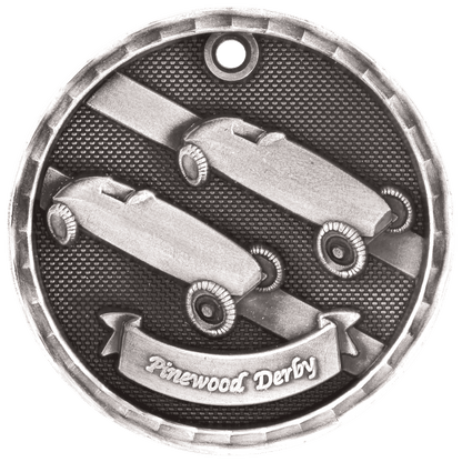Antique Silver 2" 3D Pinewood Derby Medal