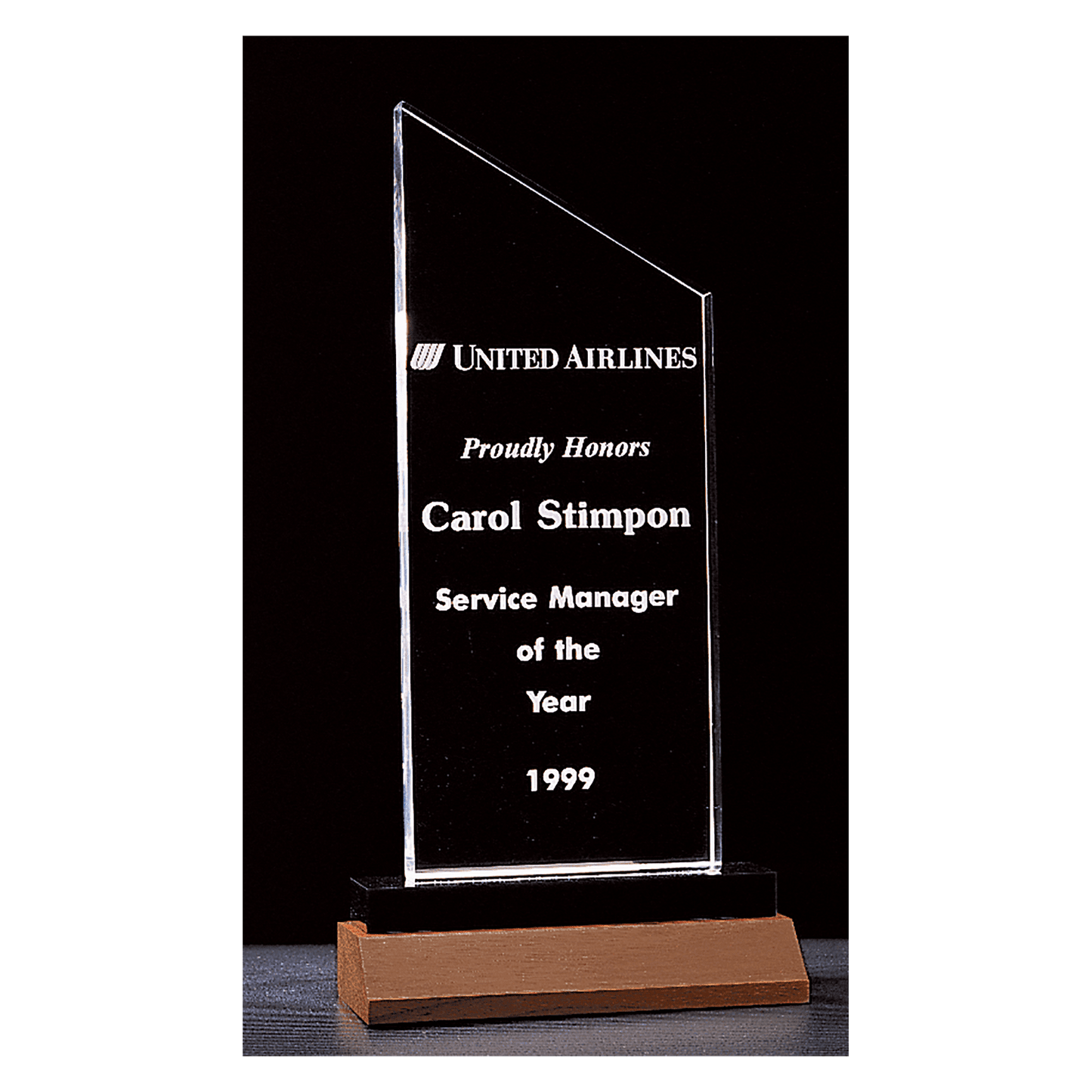 4 1/2" x 9 1/4"  Zenith Series Clear Acrylic with Black Acrylic Base and Walnut Base