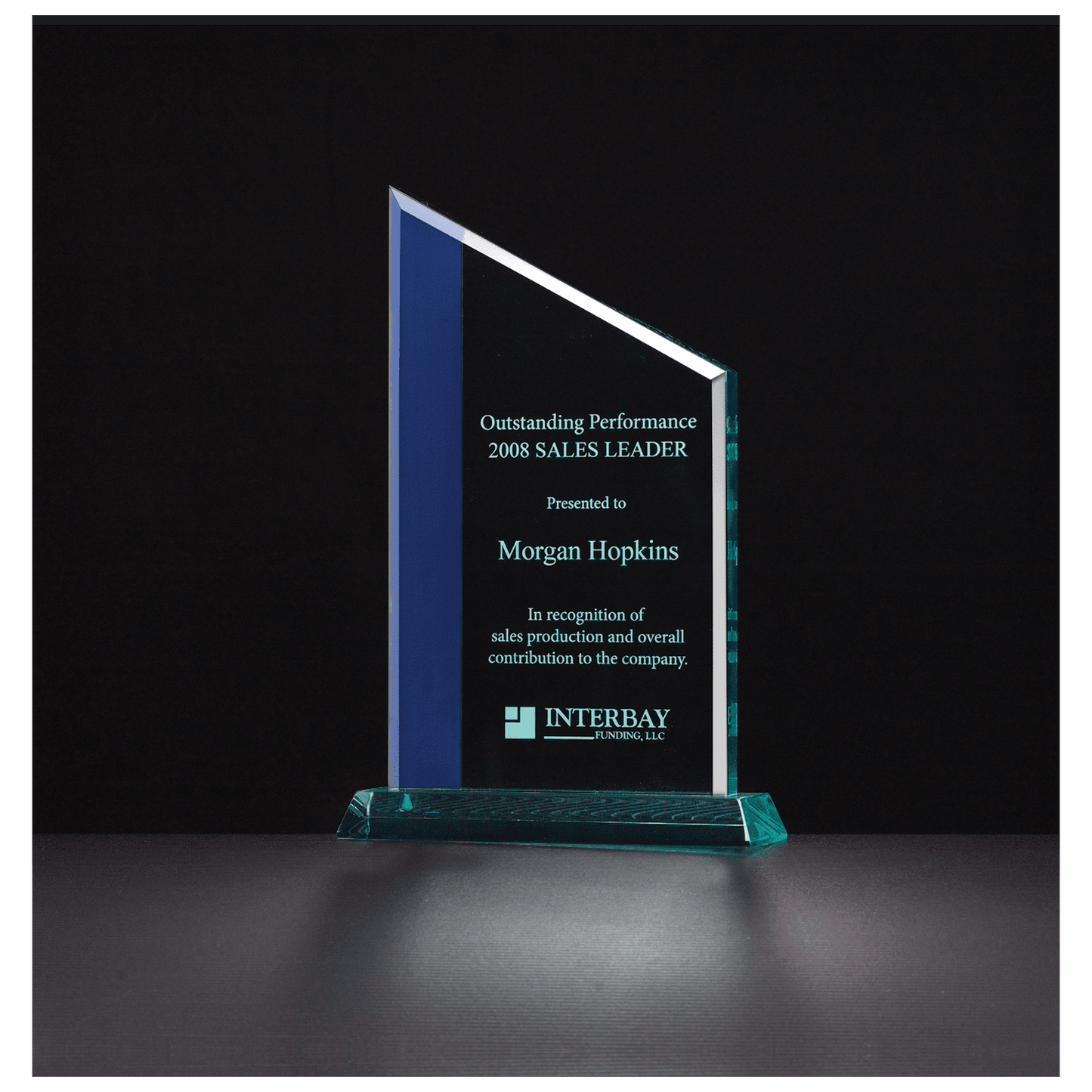 5 1/2" x 8" Zenith Series Jade Acrylic with Blue Highlights and Jade Base.