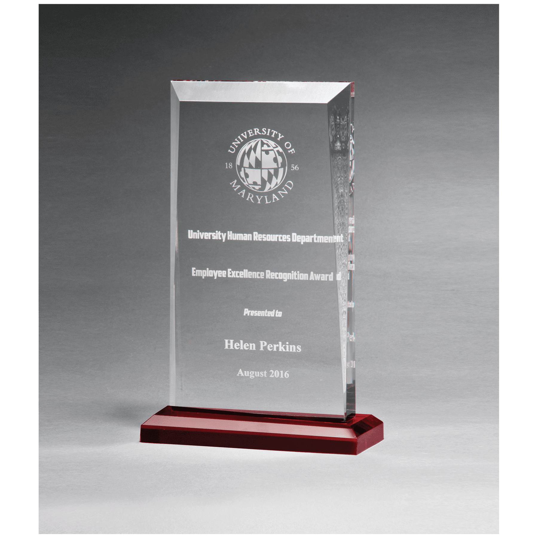 Clear Acrylic Award with Red Highlights and Red 5 1/2" x 8 3/4" Apex Series Base