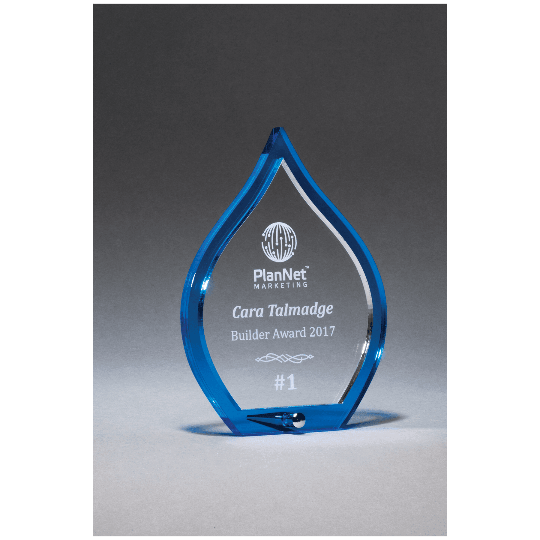 4 1/2" x 6 1/4" Blue Flame Acrylic with Clear Pop-Out Center and Silver Metal Post