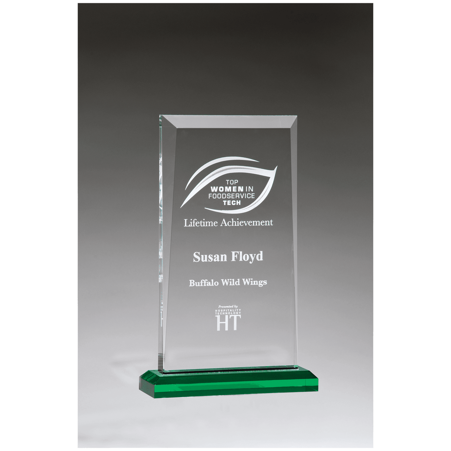 6" x 9 3/4" Apex Series Acrylic Award with Green Highlights and Green Base