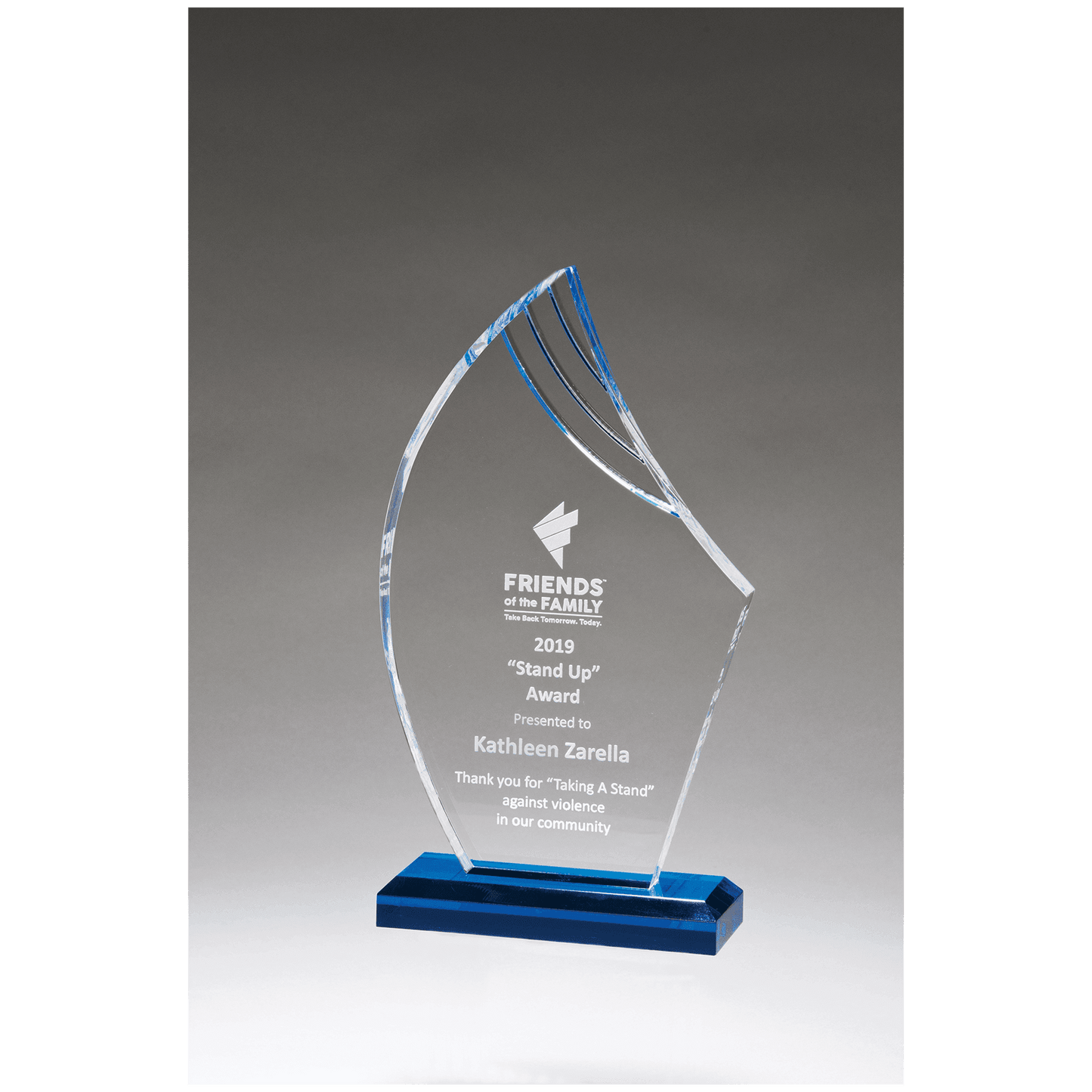 5 1/2 x 9 3/4" Flame Series Clear Acrylic with Blue Accents and Matching Blue Acrylic Base