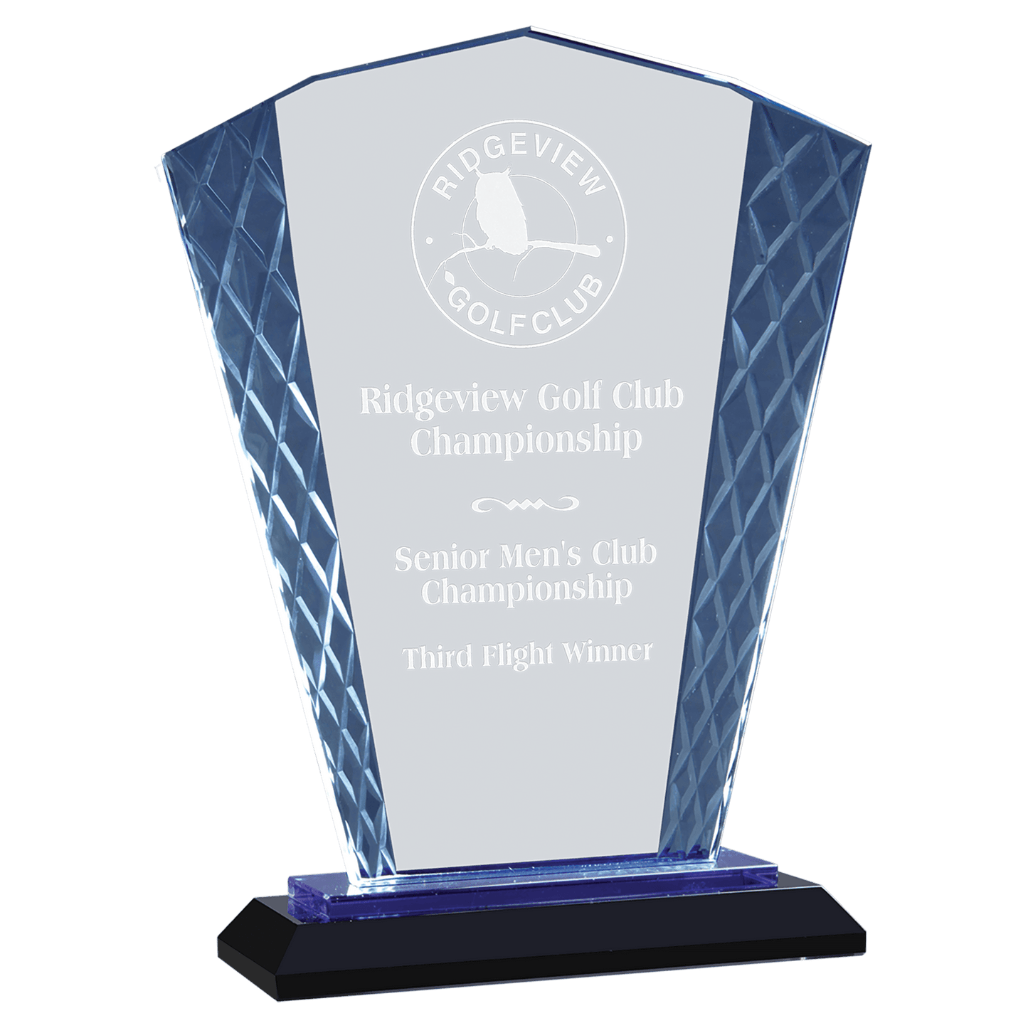 Clear Fan Accent Glass on Blue & Black 8" Reflective Base