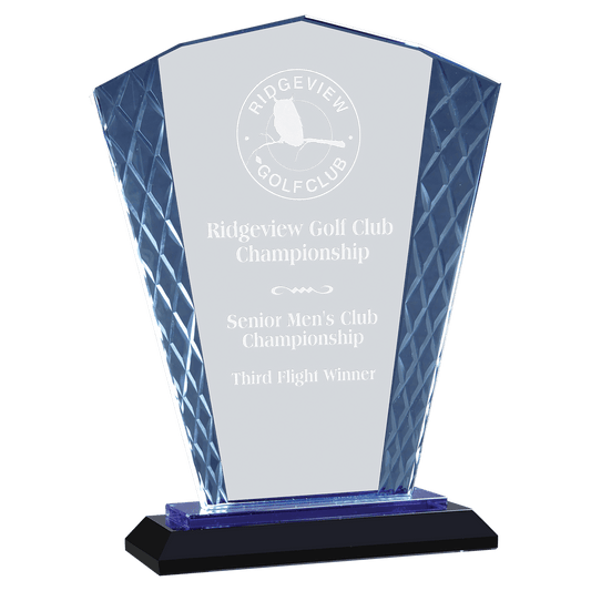 Clear Fan Accent Glass on Blue & Black 8" Reflective Base