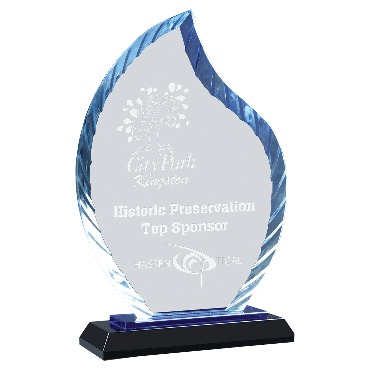 Clear Flame Accent Glass on Blue & Black 8" Reflective Base