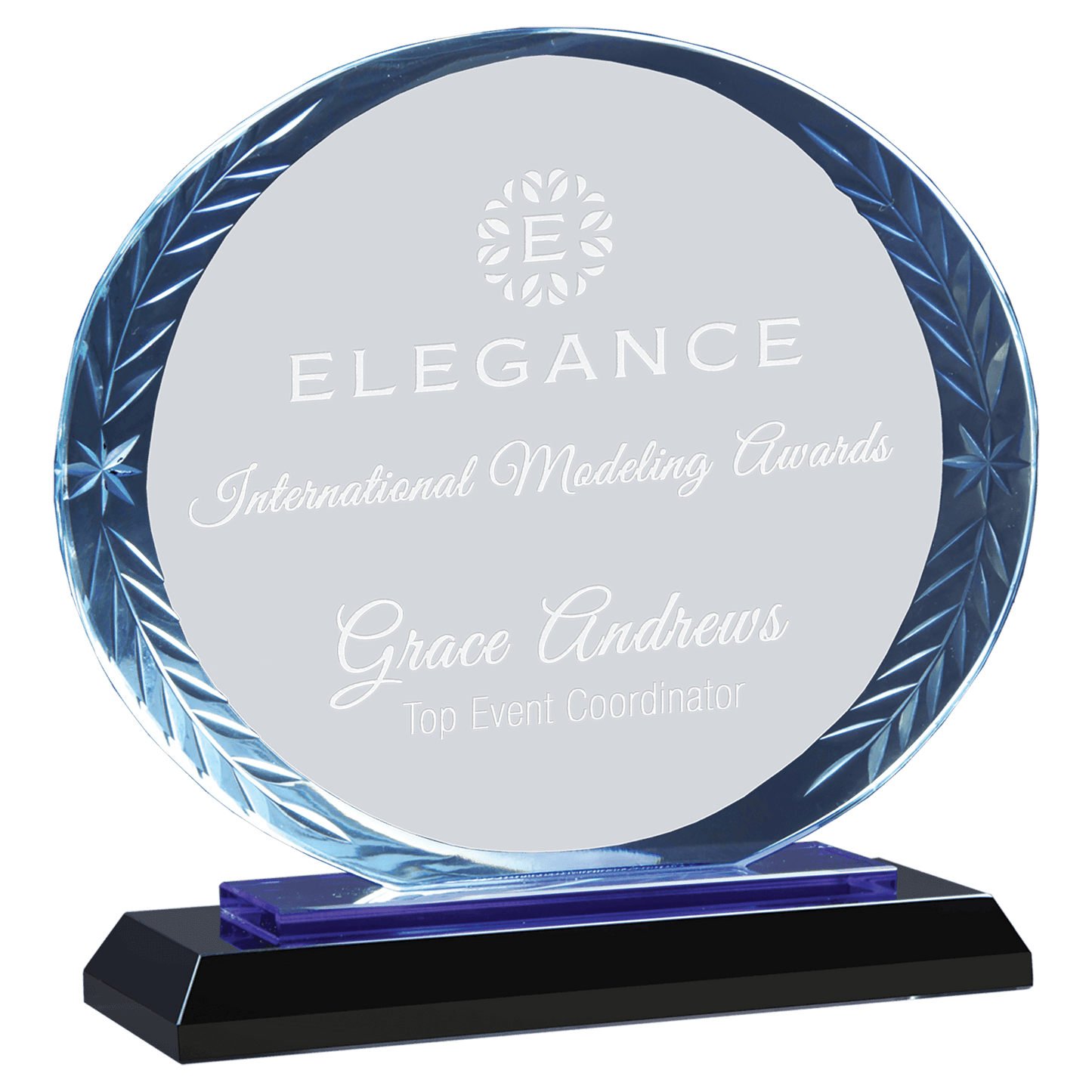 Clear Oval Accent Glass on Blue & Black 7" Reflective Base