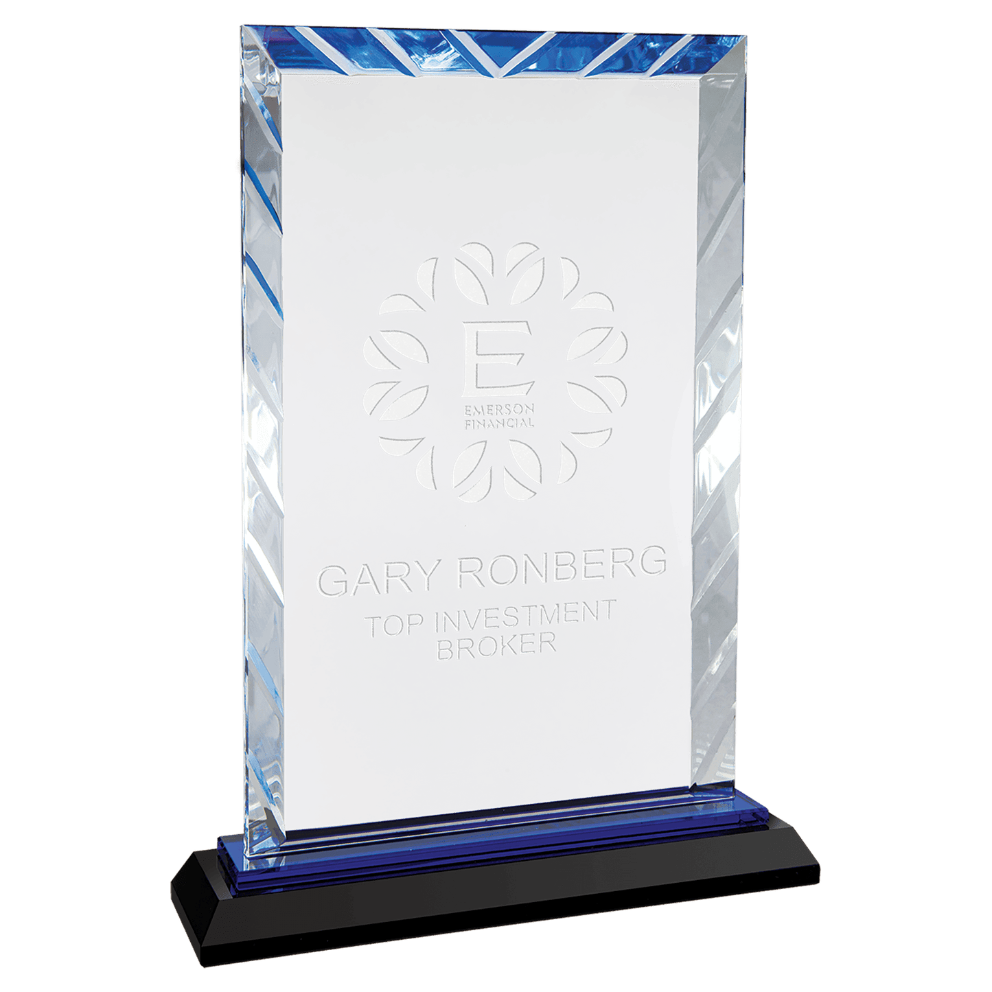 9" Clear Rectangle Accent Glass on Black and Blue Reflective Base