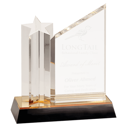 8" Clear Star Column Acrylic with Clear Plaque and Gold/Black Base