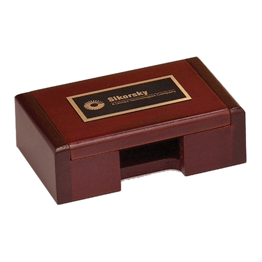 4 3/8" x 2 7/8" Rosewood Finish Business Card Box with Laserable Black Brass Plate