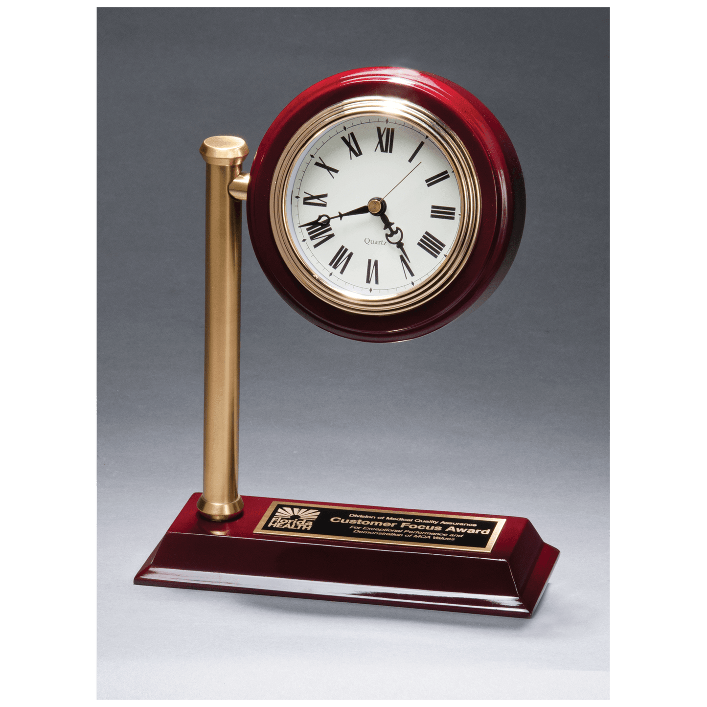 7" x 9" Rail Station Style Desk Clock on Rosewood Finish High Gloss Base, Black Plate