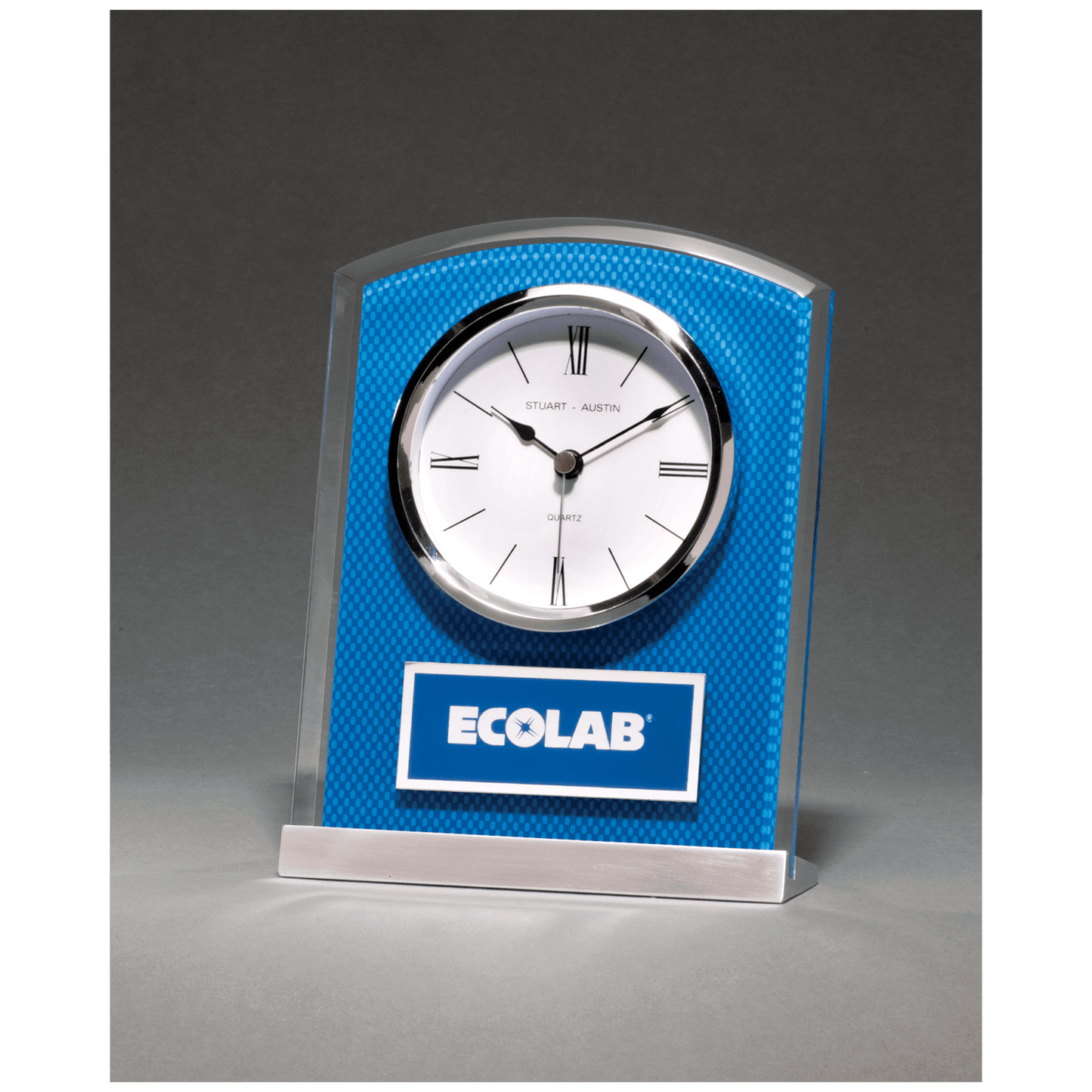 5" x 6 1/2" Glass Clock with Blue Carbon Fiber Design on Aluminum Base and Laser Engravable Plate
