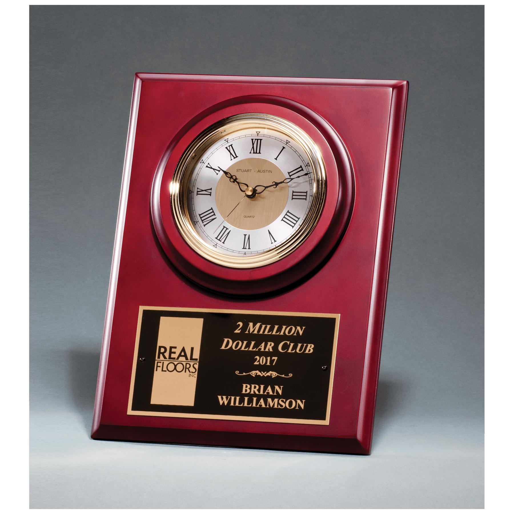 9" x 12" Cherry Finish Clock with 3 Hand Movement, Shelf Stand or Wall Mount with Black Laserable Plate