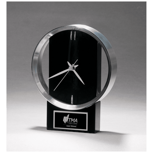 5 5/8" x 7 3/4" Modern Design Clock with Brushed Silver Bezel, Black High Gloss Base, Black Plate