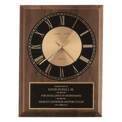 Walnut Round Face Quartz Clock with Black 9" x 12" American Plate