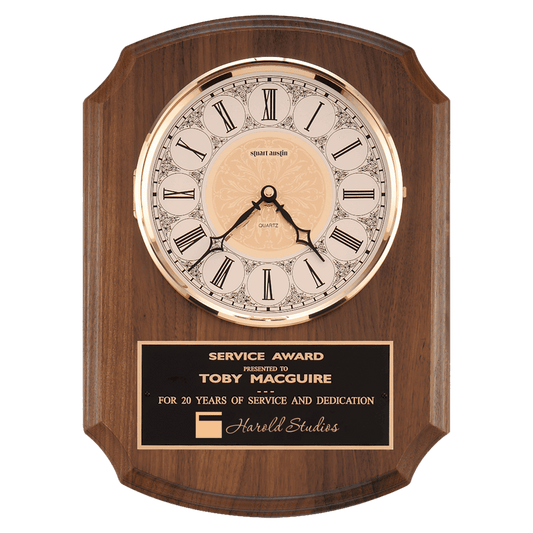 10 1/2" x 13" Walnut Quartz Clock, Brass Diamond Spun Bezel, Glass Lens, Ivory Dial, Plate
